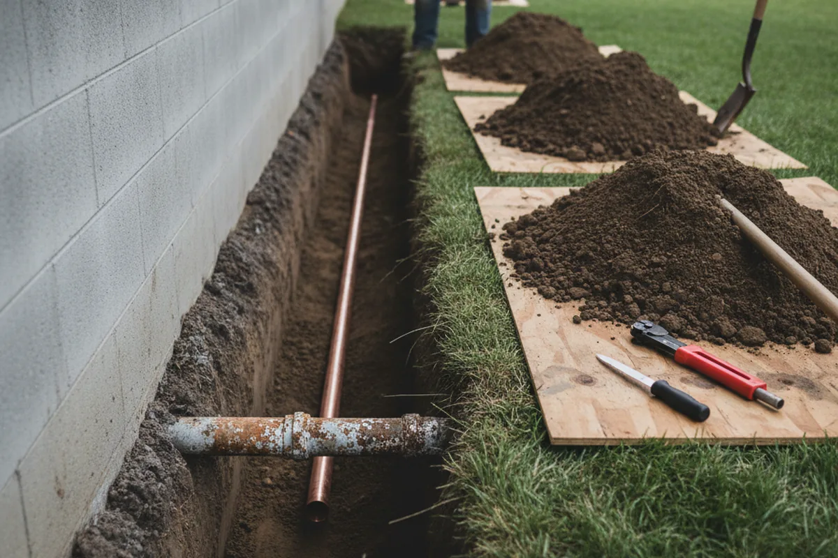 Excavated water line trench during Sewer Line Repair in Cortlandt Manor